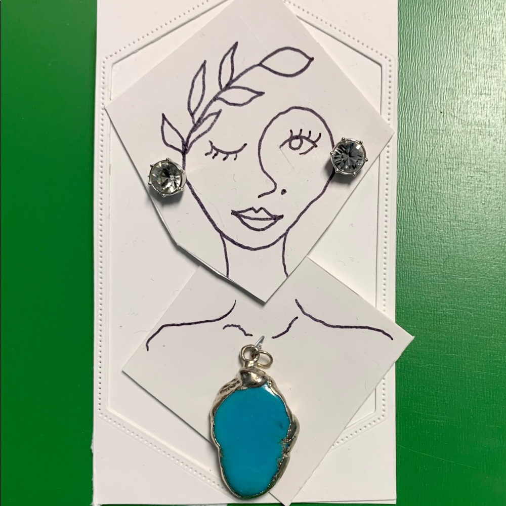Turquoise pendent & cubic zirconia stud earrings